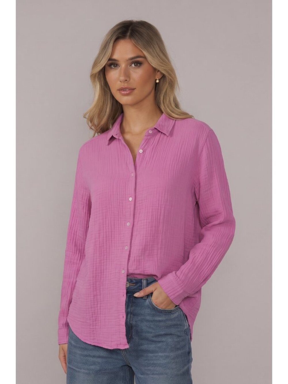 XÍRENA Scout Shirt Hot Pink Cotton Gauze Button Down Long Sleeve Top M
